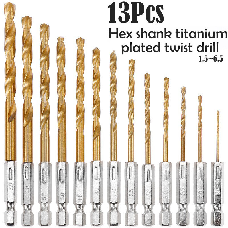 1/4 Hex Shank 1.5-6.5mm Screwdriver Twist Drill Bit 13pcs/set HSS High Speed Steel Titanium Coated Drill Bit Set