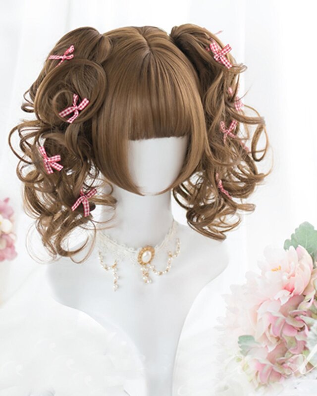 Feminino popular multi-cores bonito japão lolita halloween natal sintético curto encaracolado peruca + boné