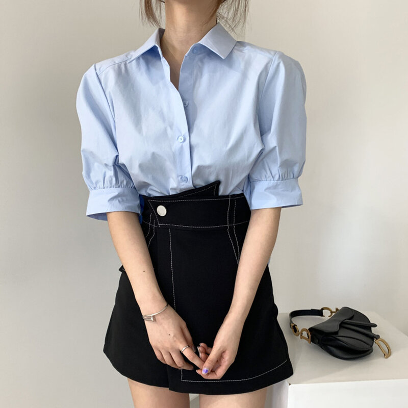 Blusa curta moderna coreana, design plissado, manga simples com lapela, estilo coreano, verão, 2021