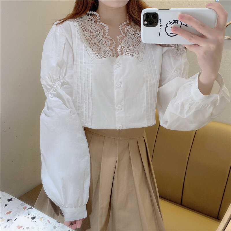 Frauen Bluse Baumwolle Weiß Koreanische Junge mädchen Neue spitze genäht V-ausschnitt solide Lange Ärmeln Weibliche Lose Bluse Shirt 880D