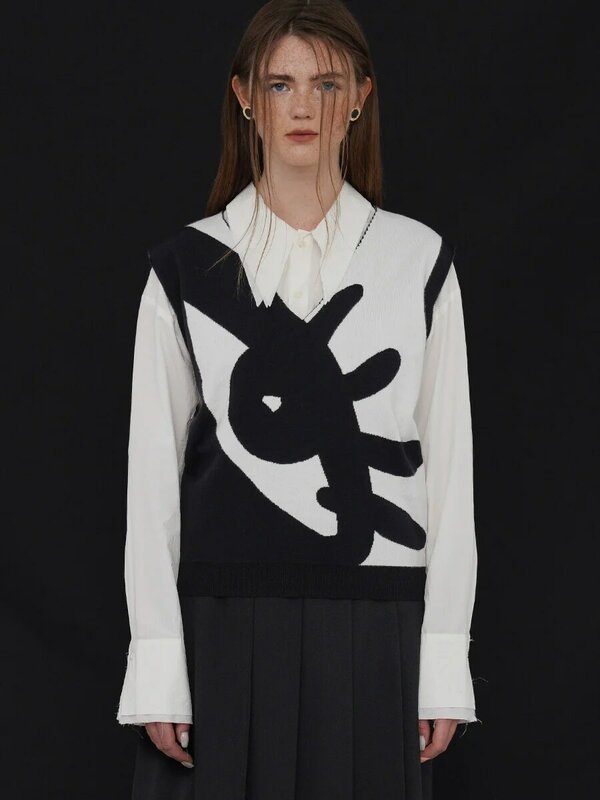 【Biutefou】 독창적 인 디자인 2021 겨울 여성 현대 미술 일러스트 V 넥 민소매 스웨터