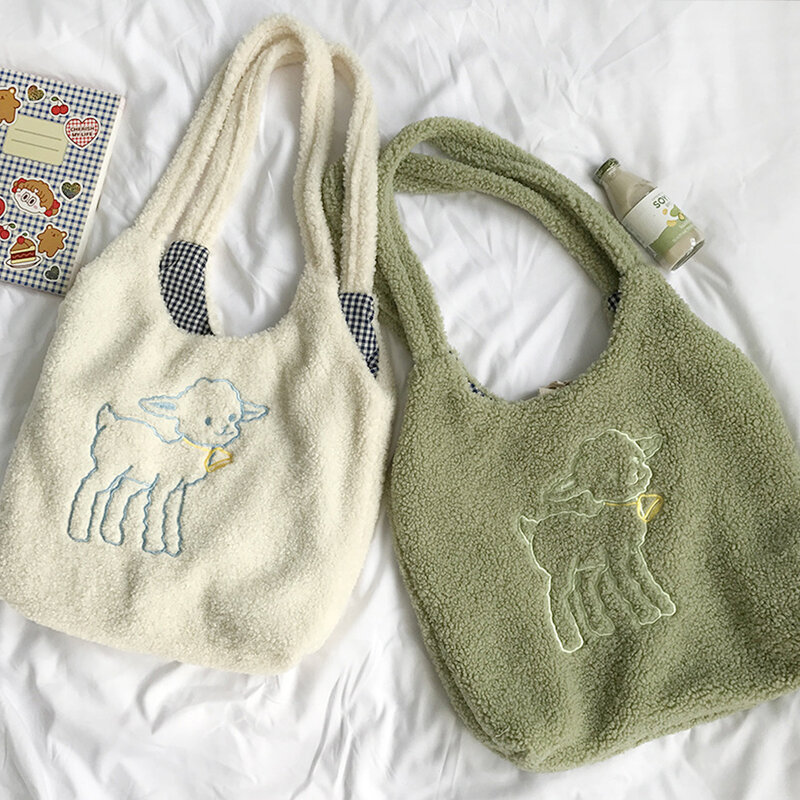Women Lamb Like Fabric Shoulder Bag Simple Canvas Handbag Tote Large Capacity Embroidery Shopping Bag Cute Book Bags For Girls