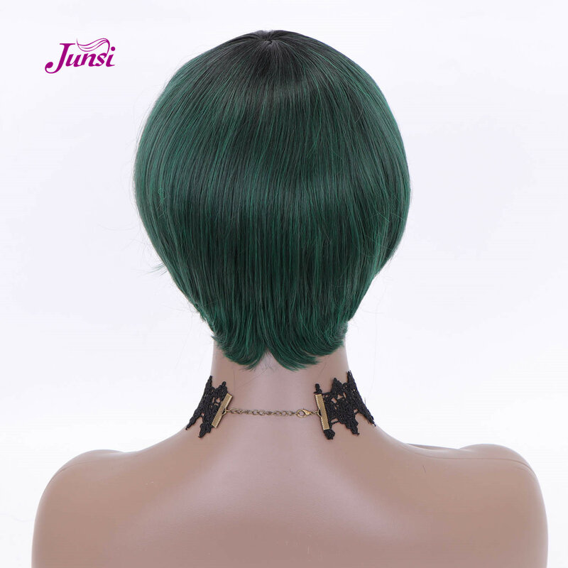 Parrucche Cosplay JUNSI capelli corti neri rosa verde scuro Pixie Cut per donne nere