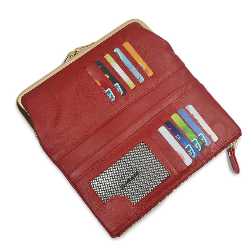 Billeteras de piel auténtica para mujer, monedero magnético de alta calidad, con broche, 11 tarjetas de identificación, bolso de mano para mujer