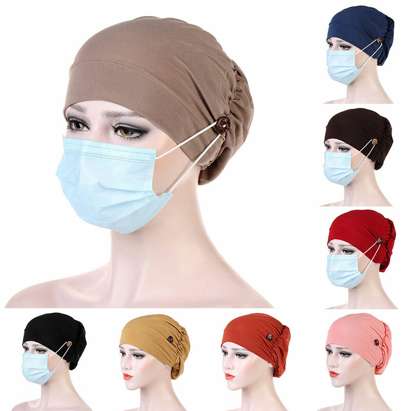 Casual Women Turban Head Wrap Hat With Button Headwear Headscarf Bonnet Inner Hijabs Cap Muslim Hijab Chemo Hats Turbantes Caps