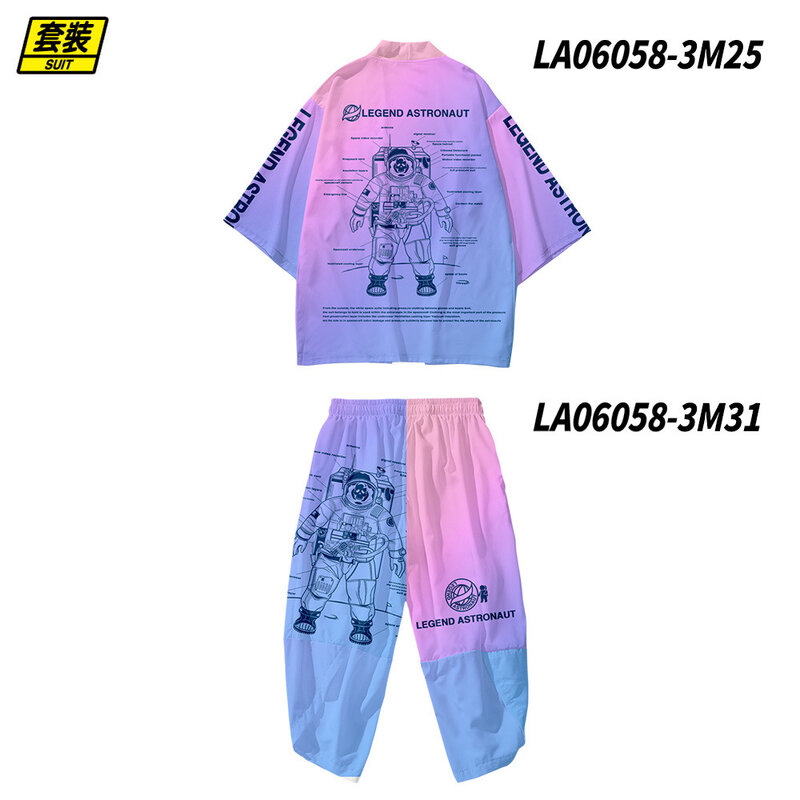 Männer Lose Japanischen Astronuat Druck Strickjacke Cosplay Yukata Kleidung Harajuku Samurai Kimono + Hosen Sets Plus Größe 6XL