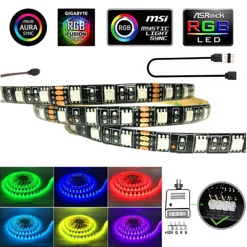 12V 5050 RGB Strip LED Hitam 4Pin Header LED untuk PC/Casing Komputer/Panel Kontrol Mainboard Strip RGB-Header (+ 12V,G,R,B)