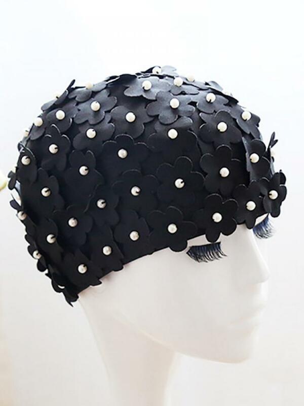 Topi Renang Mode Baru Wanita Topi Renang Panjang Mutiara Kelopak Bunga Buatan Tangan Topi Kain Mutiara Bunga Tiga Dimensi