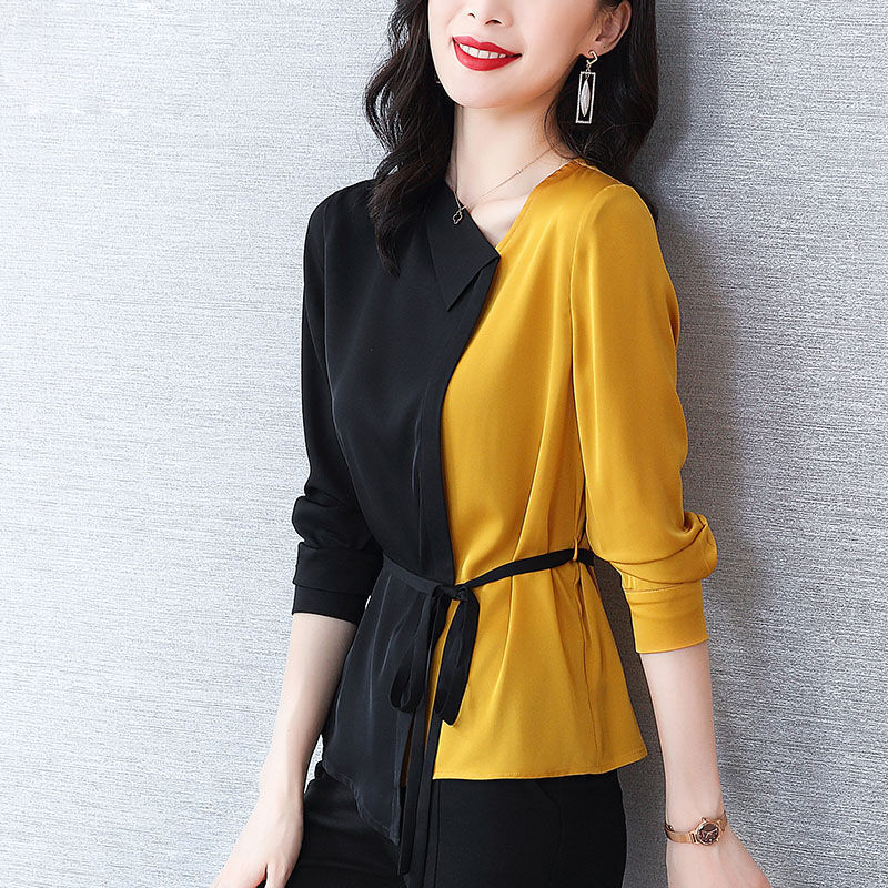Blusa feminina chiffon manga comprida, camisa feminina contraste cor assimetria manga comprida moda coreana 2021