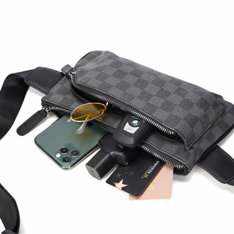 Men's Street Pockets Plaid Style Fashion Chest Bag PU Leather Chest Bag Can Be Slung Mobile Phone Shoulder Bag Casual Trend New
