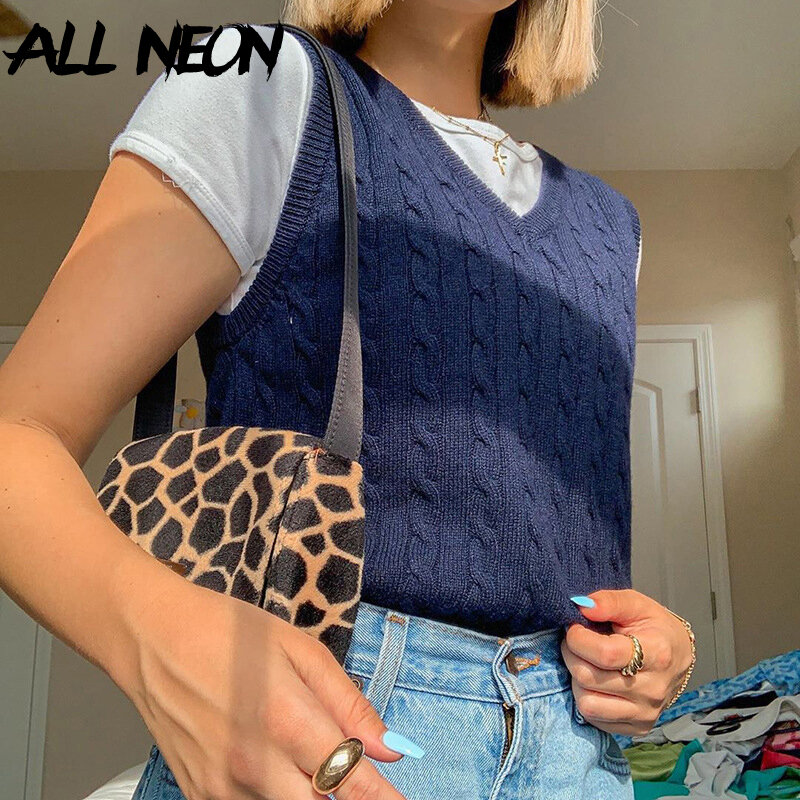 ALLNeon e-girl anni '90 Vintage Twist Solid scollo a v gilet lavorato a maglia Y2K moda canotte senza maniche top autunno Basic pullover ritagliati carino