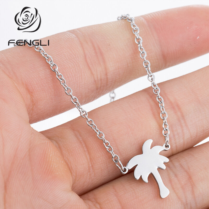 FENGLI Stainless Steel Coconut Tree Golden Chain Necklace Pendant for Women Statement Tropical Plant Creative Choker