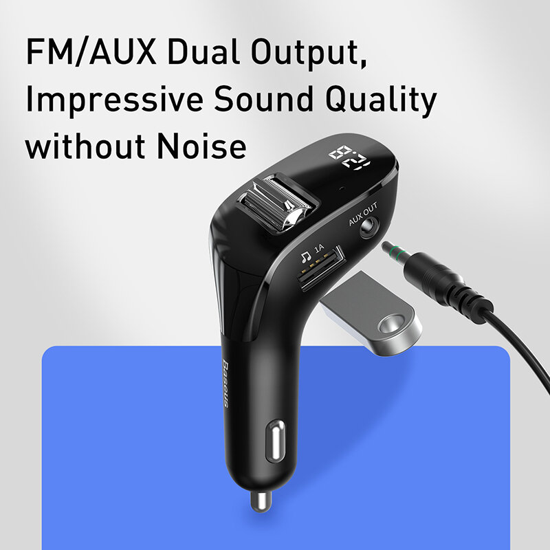 Baseus รถ FM Transmitter บลูทูธ5.0 AUX แฮนด์ฟรีรถยนต์ไร้สาย Dual USB Car Charger ออโต้วิทยุ FM Modulator MP3ผู้เล่น