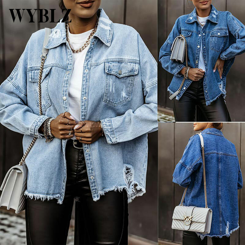 WYBLZ – veste en jean décontractée pour femmes, manteau en Denim surdimensionné, ample, à manches longues, vêtements d'extérieur, nouvelle mode coréenne, 2021