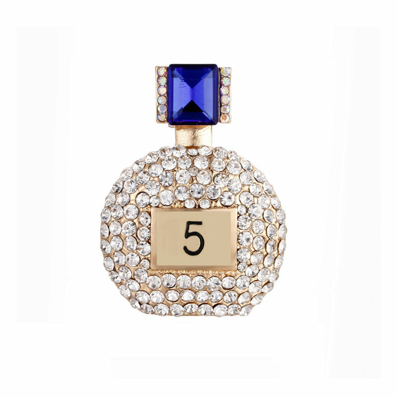 Moda luksusowa broszka pełny kryształ górski nr 5 perfumy butelka party broszka ślubna prezent dla kobiet