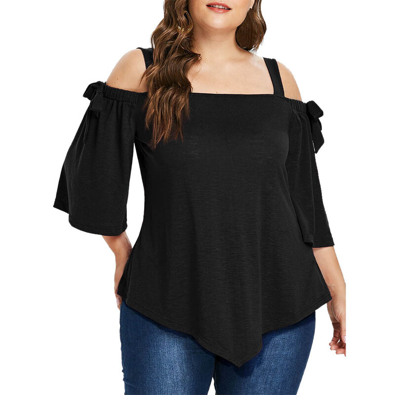 Mode Frauen Bluse Casual Plus Größe Asymmetrische Cold Shoulder Top T-shirt Bogen Bluse Blusas Mujer De Moda 2021
