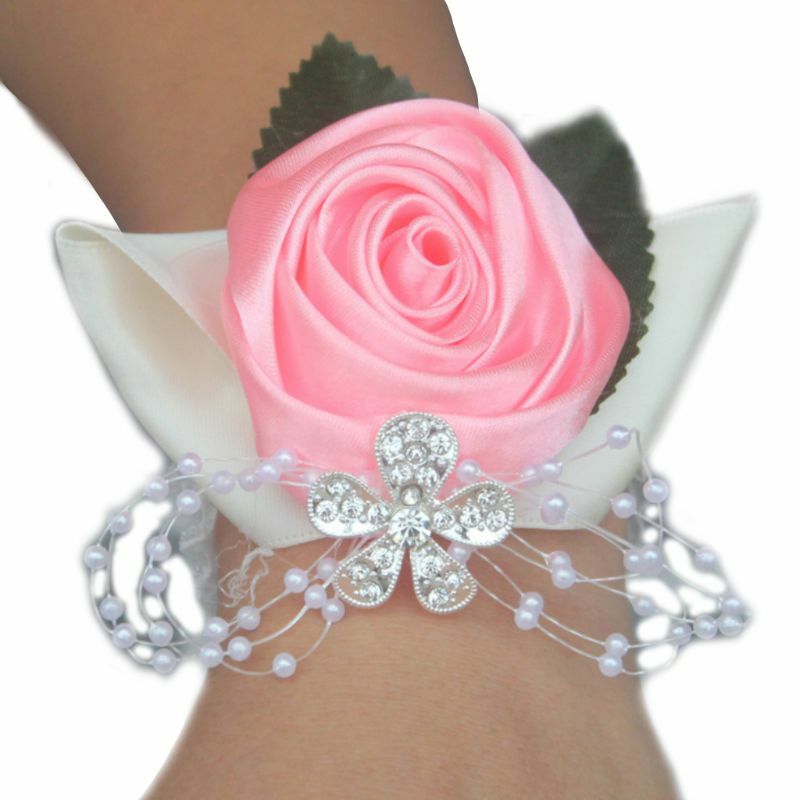 2021 New  Handmade Satin Rose Wrist Corsage Wedding Prom Party Bridesmaid Bridal Wrist Flower Faux Pearl Beaded Stretch Bracelet