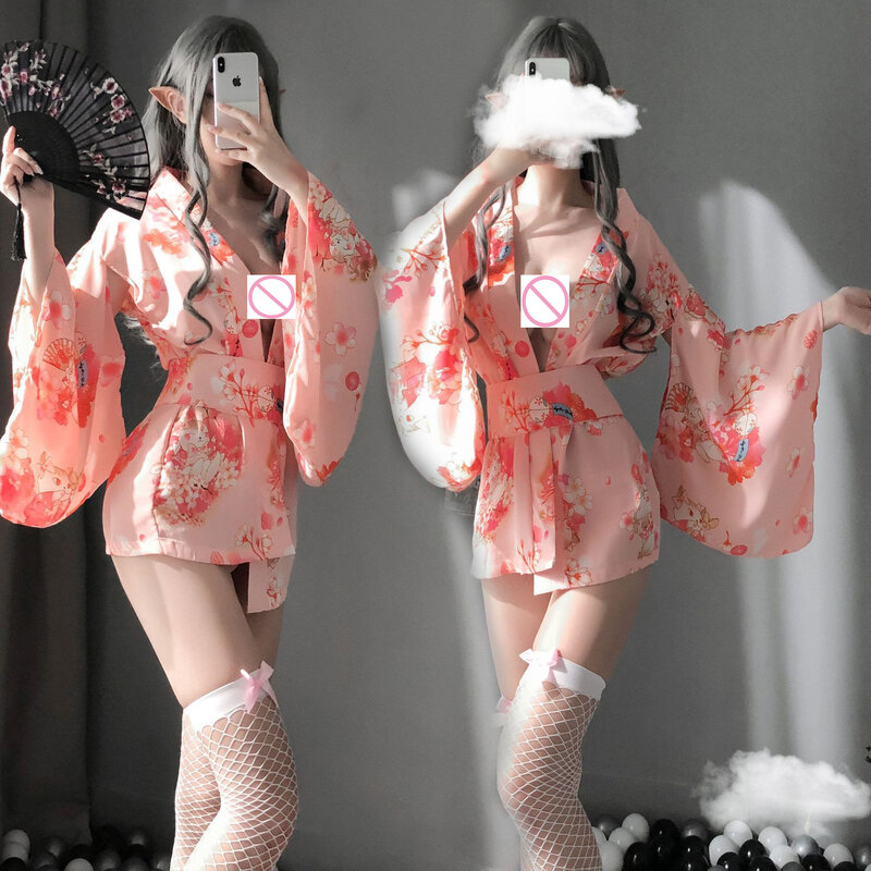 Nowa seksowna bielizna różowa seksowna piżama zestaw szyfonowa japońska koszulka z nadrukiem Kimono NIGHT Sex dla kobiet