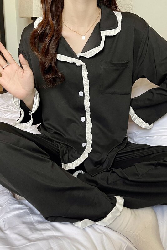 Pijamas de casal outono feminino 2021 novo estilo pode usar solto e preguiçoso estilo simples lazer casa roupas de duas peças terno