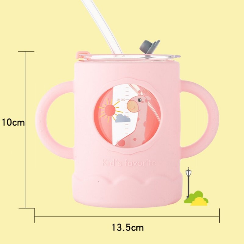 Cute Cartoon Anti-scalding Milk Cup Children Drop-resistant Microwave-heatable Milk Powder Straw Glass Bottle BPA-free