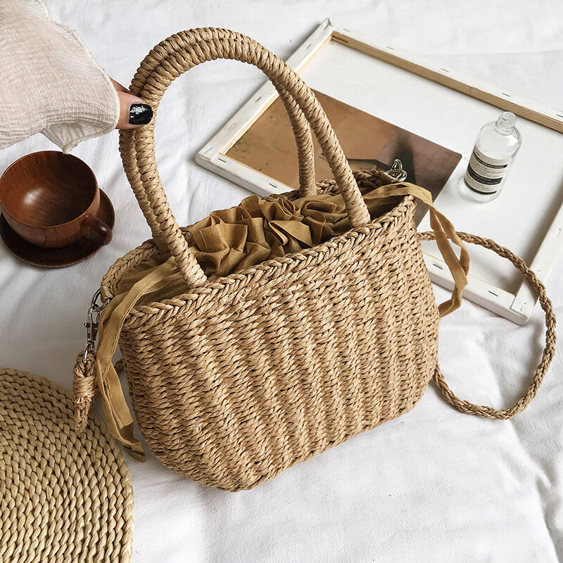 Bolsa de praia rattan boêmia, sacola de mão com cordão, de palha, com alça longa, bolsa tote feminina de vime