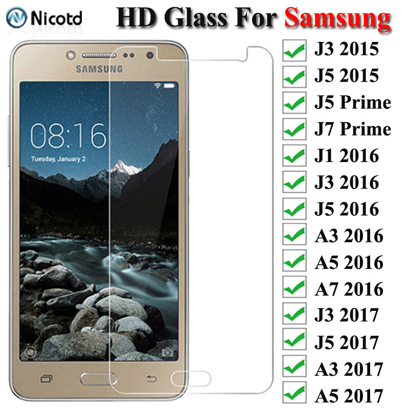 Vidrio Protector para Samsung Galaxy A3, A5, A7, J3, J5, J7, 2015, 2016, 2017, A6, A8 Plus, película de vidrio templado 2018