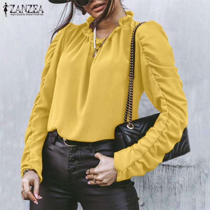 ZANZEA informal-Blusa plisada de manga larga para mujer, Camisa lisa elegante para Primavera, 2021