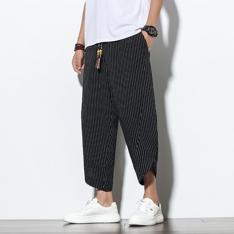 #White Pantalones harén Harajuku para hombre,pantalón de chándal Vintage de algodón y lino,moda de verano 