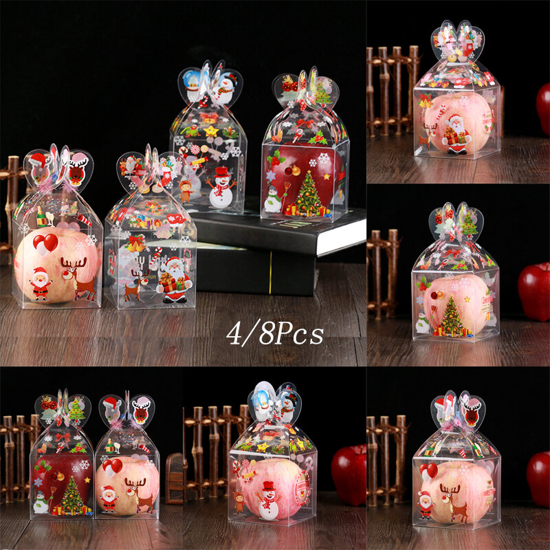 Boîte à bonbons transparente décoration de noël, coffret cadeau et emballage père noël bonhomme de neige Elk renne boîtes à bonbons pommes 4/8 pièces