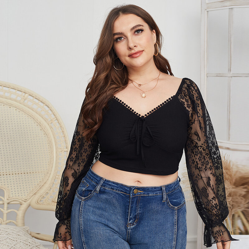 Black Plus Size T-shirt Women V-Neck Sexy Crop Tops Long Lace Sleeve Solid Streetwear Fashion Casual t shirt Top XL-4XL Sizes