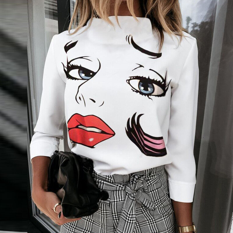 Femmes élégant lèvres imprimer blouse chemises 2020 été décontracté col montant pulls hauts dames mode mignon oeil à manches courtes Blusa