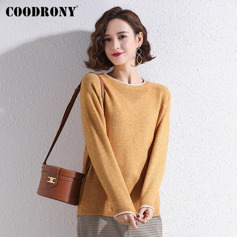 Coodrony suéter feminino de malha, blusão elegante de marca moda de negócios para mulheres, tricô, gola redonda, w1400, primavera, outono