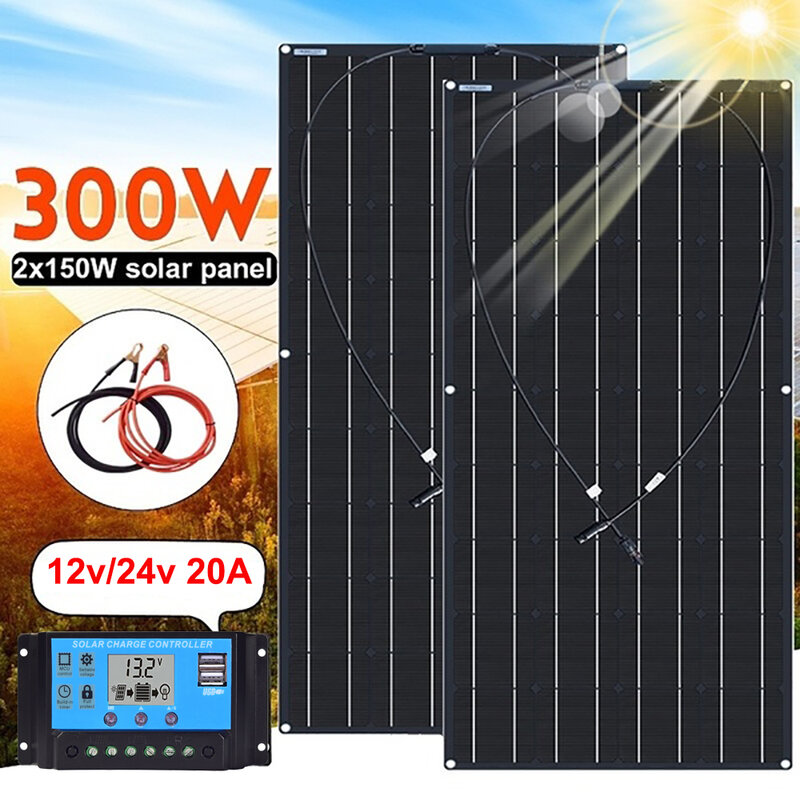 柔軟なソーラーパネル 300 ワット 150 ワットの太陽電池モジュールdiyキットrv車ボート家庭ソーラー充電器 12v 24vバッテリーpainel solarpanel