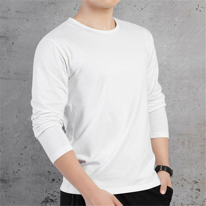 Camiseta manga comprida masculina respirável, gola redonda, pulôver, cor sólida, outono, tendência caimento, roupas de pulôver para homens