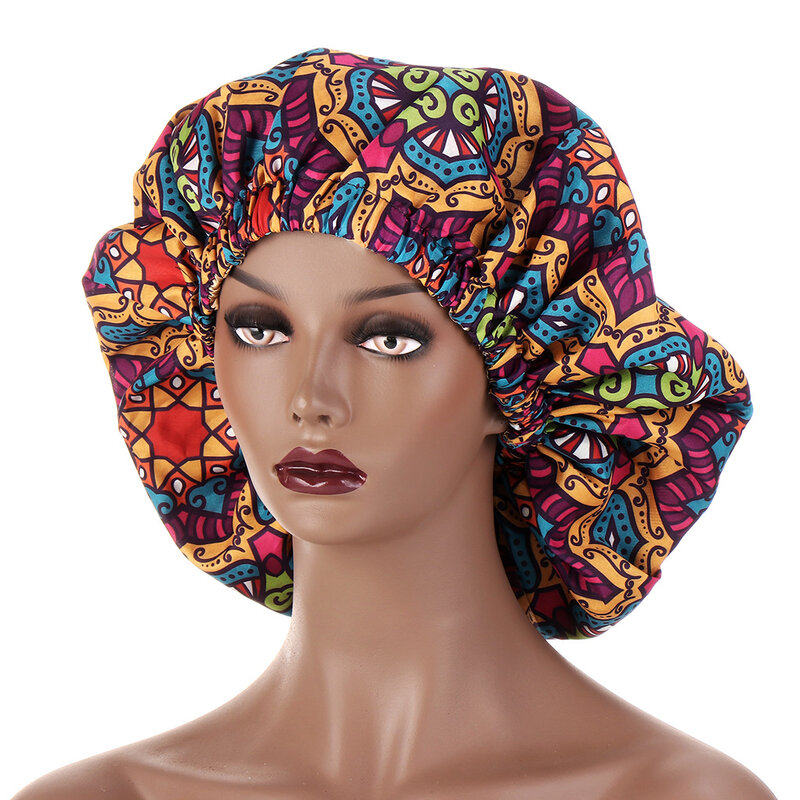 Topi Wanita Motif Pola Afrika Topi Tidur Malam Satin Elastis Pakaian Kepala Ekstra Besar Topi Perawatan Rambut Penutup Kepala Wanita
