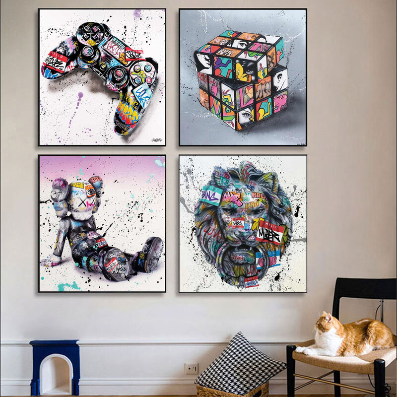 Graffiti art color poster gesture text Abstract Art square canvas painting living room children's room home decoration mural