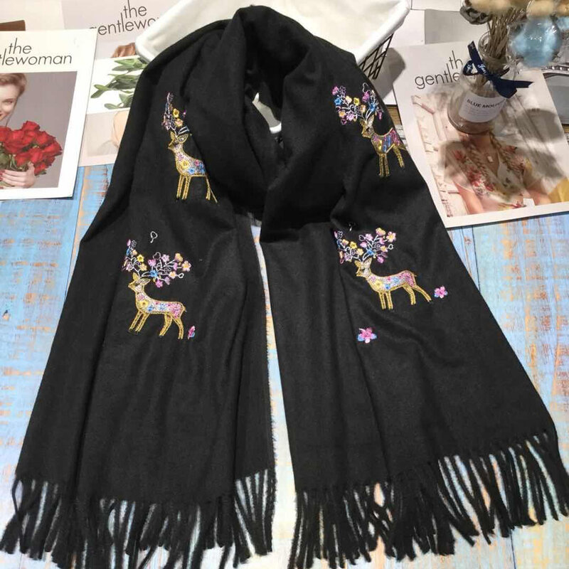 Luxury Brand Winter Scarf Women Warm Cashmere Sika Deer Embroidery Scarves Thick Shawl Wrap Blanket Hijab Scarf Christmas Scarf
