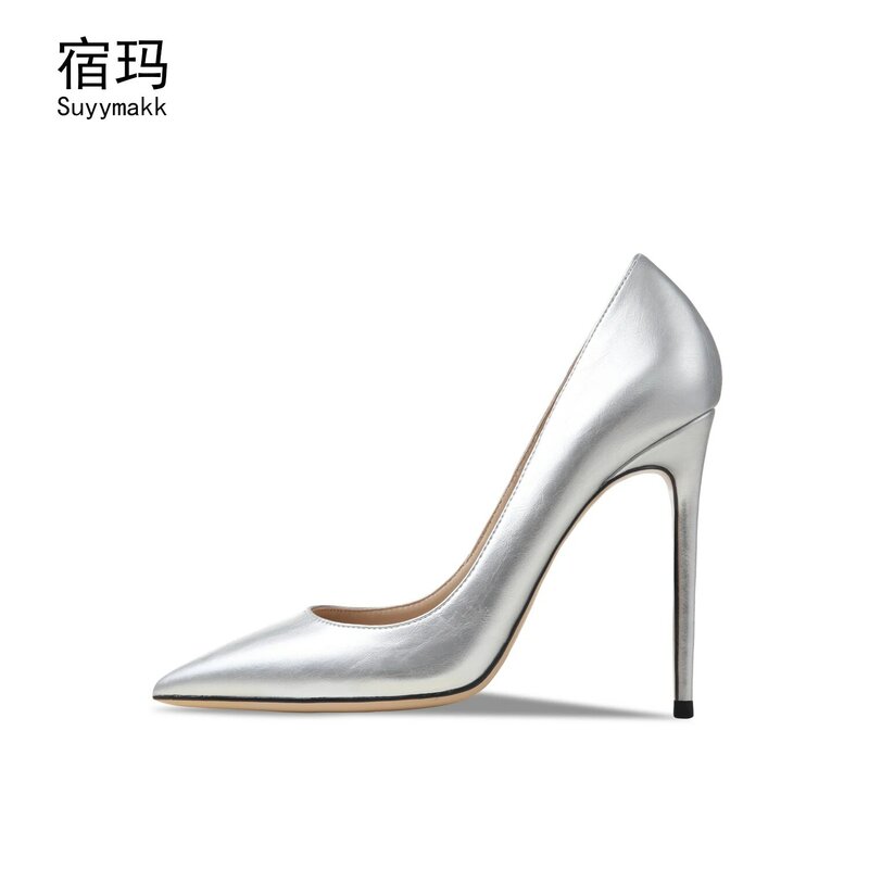 Prawdziwe skórzane szpiczasty nosek wysokie obcasy srebrne seksowne czółenka buty dla kobiet 2022 nowe szpilki modne luksusowe buty weselne 8cm