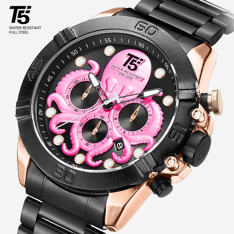 T5 럭셔리 로즈 골드 핑크 블랙 브랜드 남자 쿼츠 크로노 그래프 방수 패션 남자 시계 스포츠 시계 남자 손목 시계