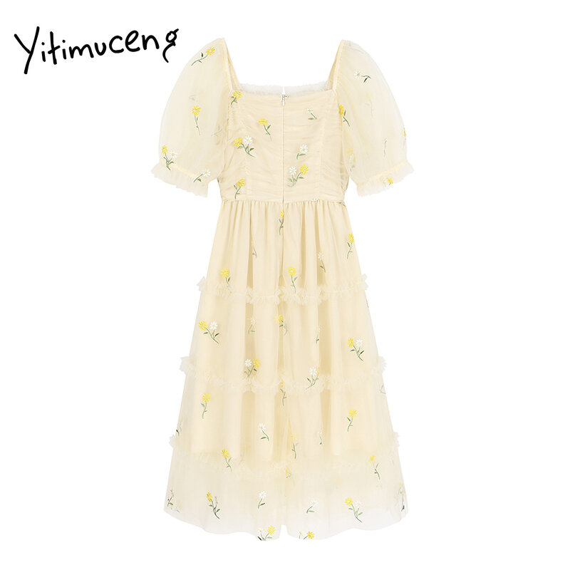 Yitimucengモスリンドレス女性の夏の刺繍ハイウエストパフスリーブスクエア襟単色黄色2021ファッション新ドレス