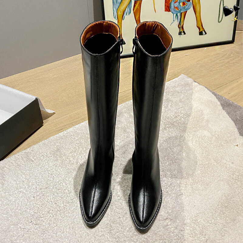2021 Autumn New Women's Long Tube Knee-length Boots Women's Sexy Pointed Toe High-heeled Western Cowboy Boots In Stock