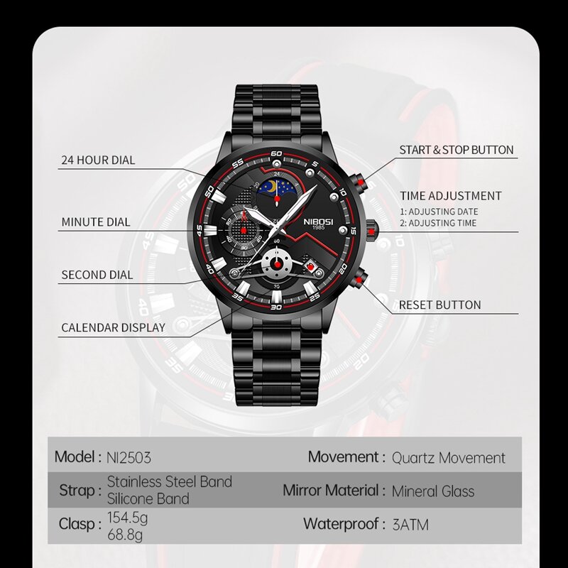 Nibosi marca esporte relógios de pulso masculino relógio de pulso masculino de luxo moda relógio de quartzo para homem com aço inoxidável relogio masculino