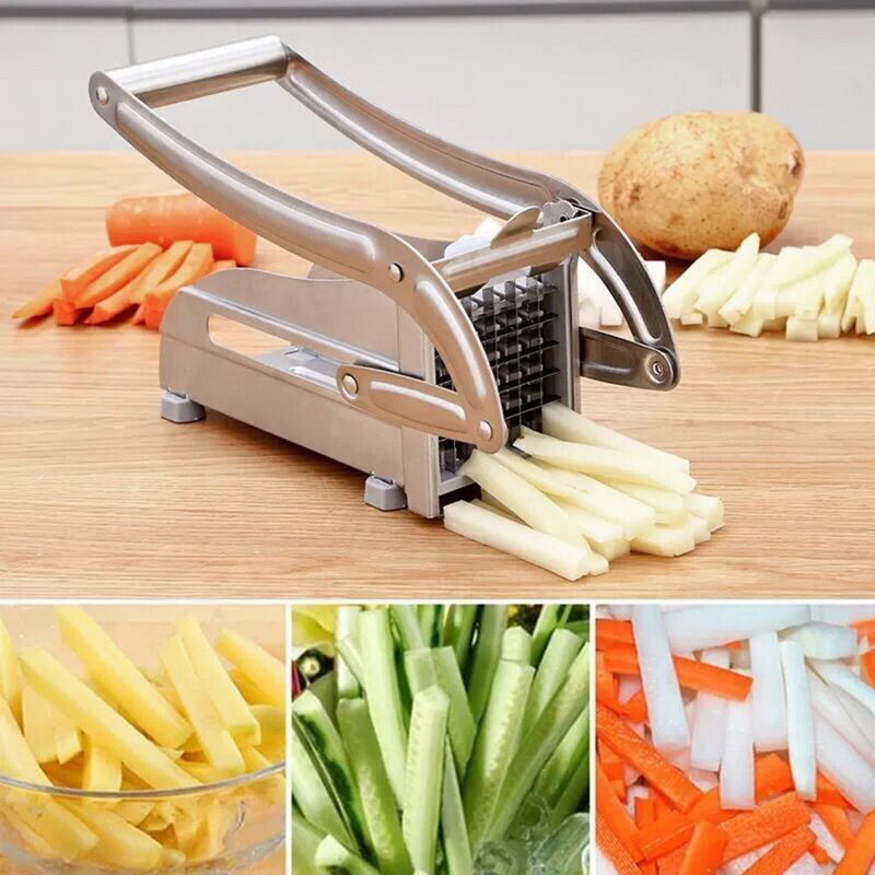 Cortador de patatas fritas de acero inoxidable para hogar, máquina cortadora de patatas con 2 hojas, herramienta para hacer patatas fritas cortadas