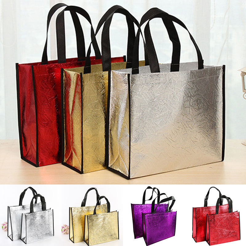 Protable Carrying Case Foldable Laser Shopping Bag Solid Color Reusable Women Men Eco Tote Waterproof Fabric Non-woven Bag