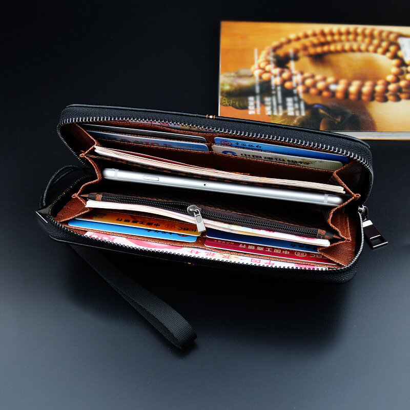 Men's Long Wallet Color Contrast zipper mobile phone bag fashion business leisure large capacity soft leather hand bag