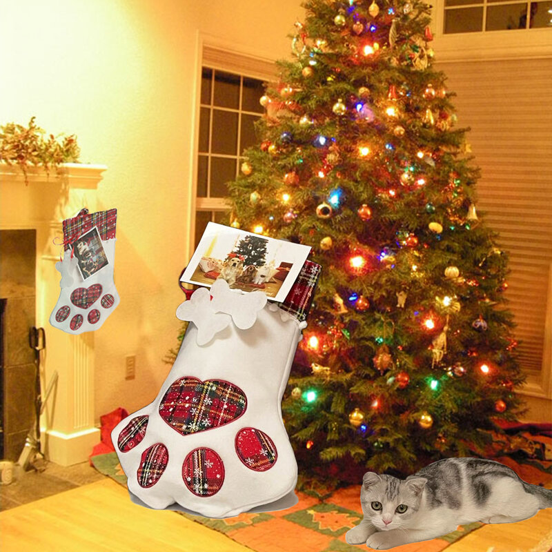 Stoking Natal Hewan Peliharaan Pribadi Besar 18 "Stoking Gantung Pola Telapak Kaki Bernama Anjing Kucing untuk Dekorasi Pohon Natal
