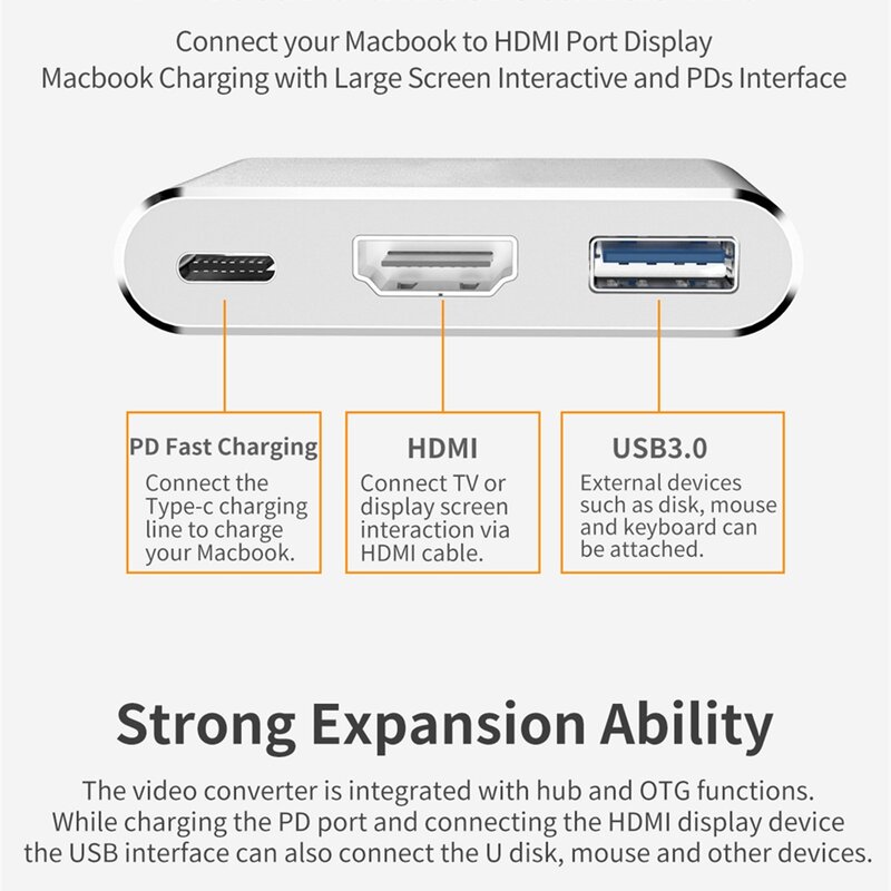Macbook-HDMI互換のUSBCハブ,3-in-1コンバーターヘッド,4k,hdmi,usb 3.0 pd,急速充電
