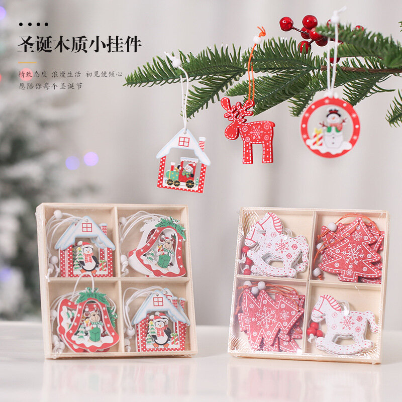 Decorações de natal de madeira pingente de natal árvore de natal natal sino decoração de madeira caixa de presente de ano novo acessórios de decoração