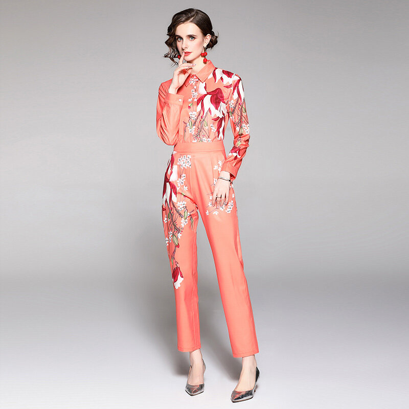 2021 outono moda manga comprida floral impressão camisa e calças duas peças conjunto para mulher