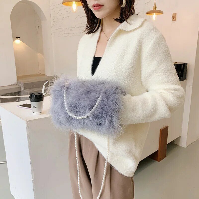 Winter Ostrich Hair Hand Warmer Fur Handbags Fashion Pearl Portable Diagonal Real Feather Fur Bags Women's Fashion Banquet Bag